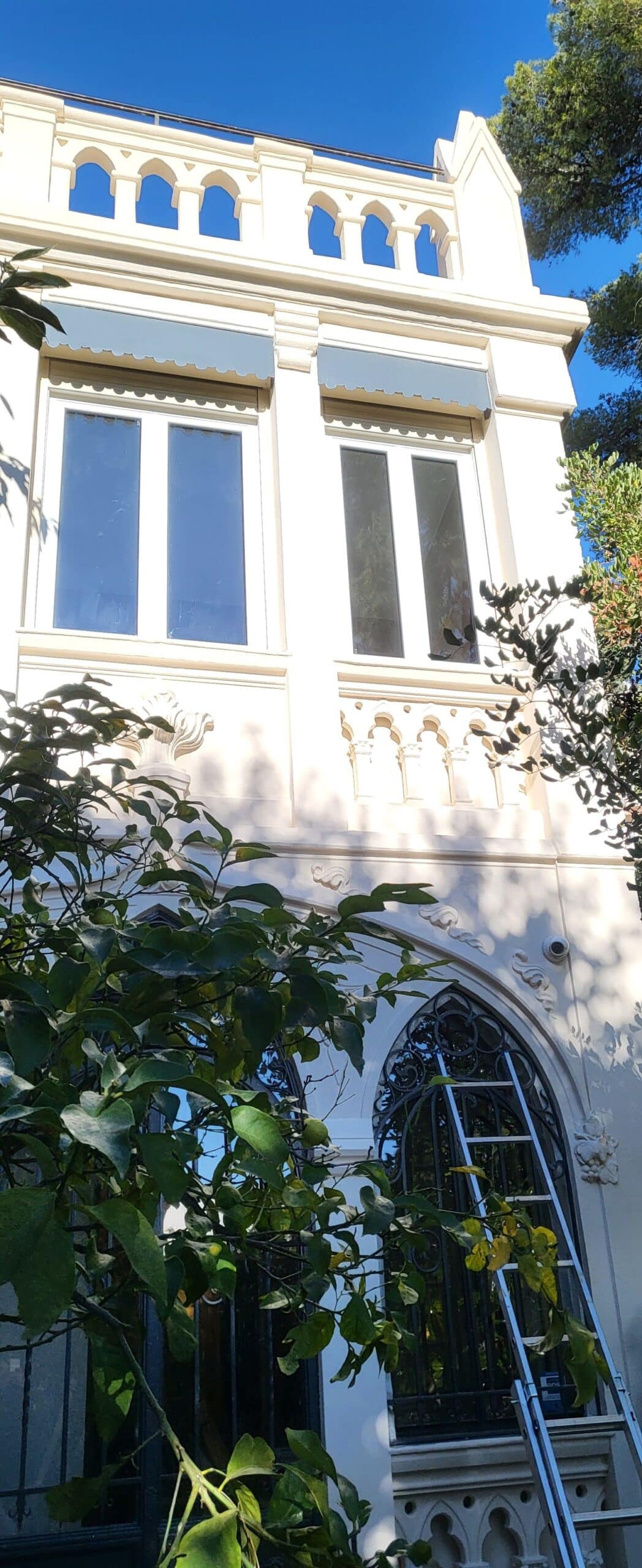 Façade de villa blanche néogothique aux détails sculptés avec échelle et feuillage verdoyant.